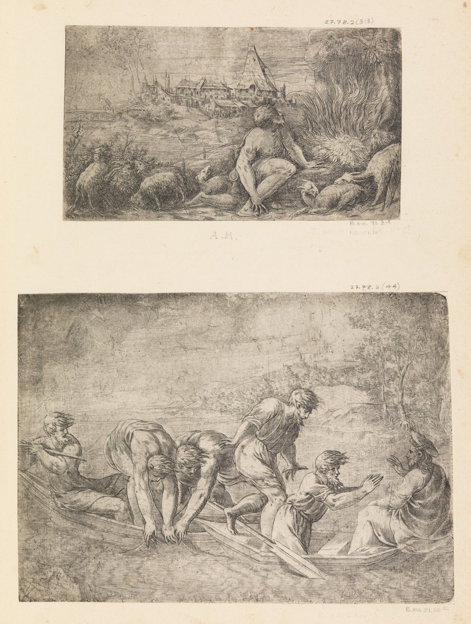 Moses och den brinnande busken, det mirakulösa draget av fiskar, ca. 1544-48. av Andrea Schiavone