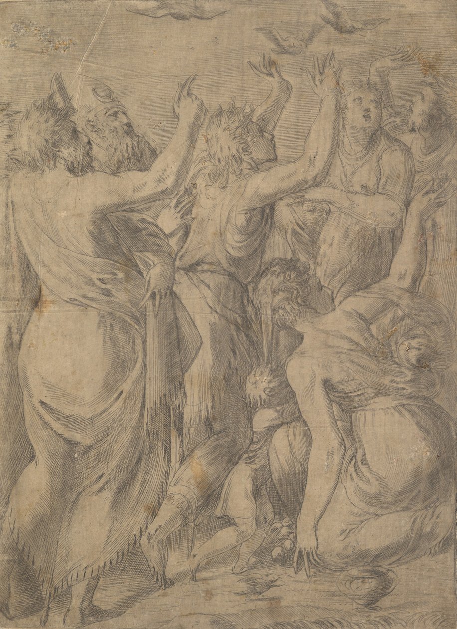 Moses visar vaktlarna för israeliterna under vaktlarna och mannat, ca. 1545. av Andrea Schiavone