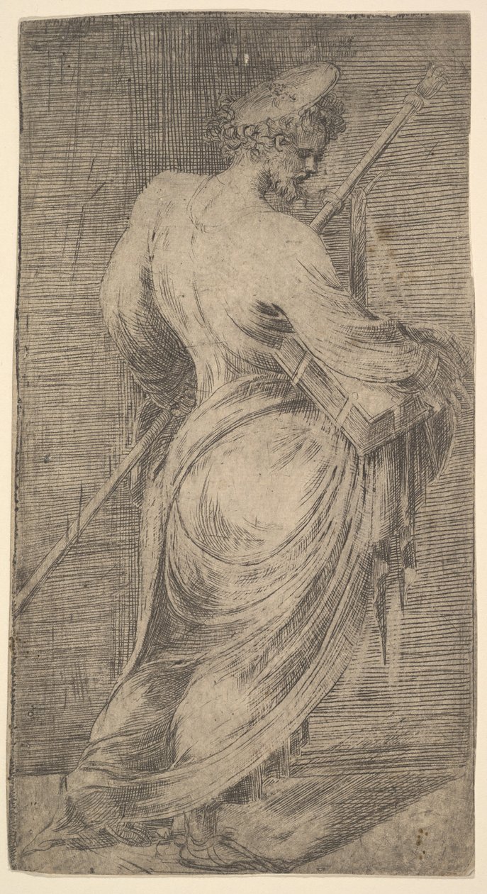 Saint James Major håller en stav och en bok vänd åt höger, från Kristus och Apo..., ca. 1548-50. av Andrea Schiavone