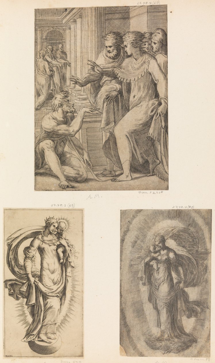 St. Peter och St. John botar den lame mannen, jungfrun och barnet, ca. 1543-60. av Andrea Schiavone