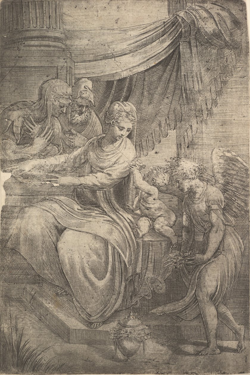 Den heliga familjen, en ängel som håller blommor som närmar sig från höger, ca. 1550-53. av Andrea Schiavone