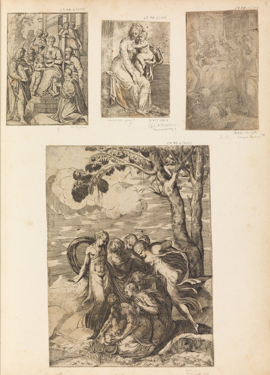 Jungfru och barn, omskärelsen, Moses räddade från Nilen, ca. 1542-46. av Andrea Schiavone
