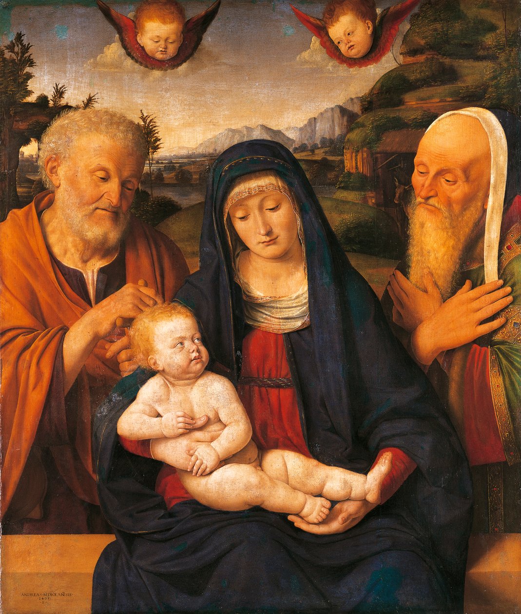 Madonna och barn med de heliga Josef och Simeon av Andrea Solario (1470-1524), tempera och olja på panel, överförd till duk av Andrea Solario