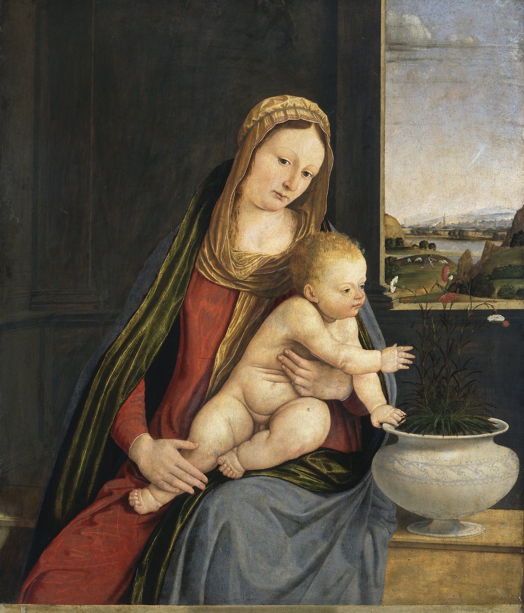 Madonna of the Carnations, ca 1495 (olja och tempera ombord) av Andrea Solario