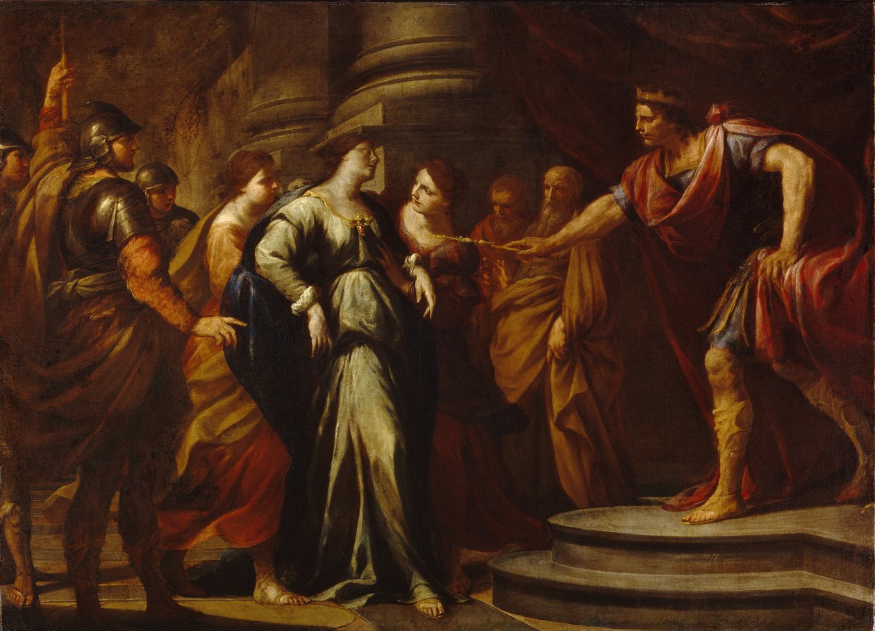 Ester (Hadassah bat Avilail) före Assuerus (identifierar sig med Xerxes I, kung av Persien, 519-465 f.Kr.) (Ester före Ahasveros). Ester är utvald till hustru av den persiske kungen bland alla friarna. Målning av Andrea Vacaro (1604-1670), olja på av Andrea Vaccaro