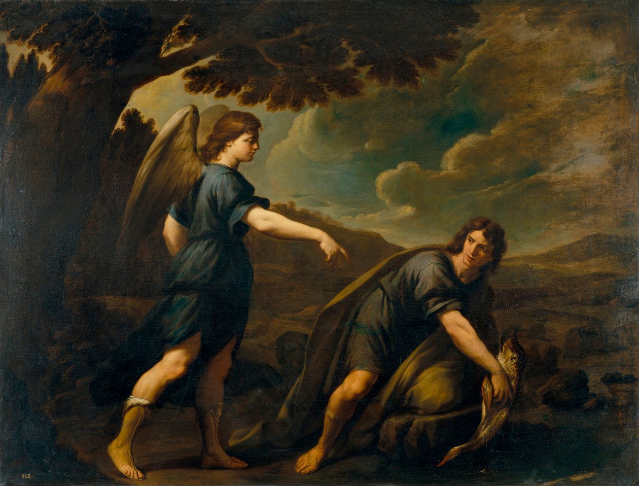 Ängeln och Tobias med fisken - Målning av Andrea Vaccaro (1604-1670), olja på duk (199,5x262 cm), cirka 1640, italiensk konst av Andrea Vaccaro