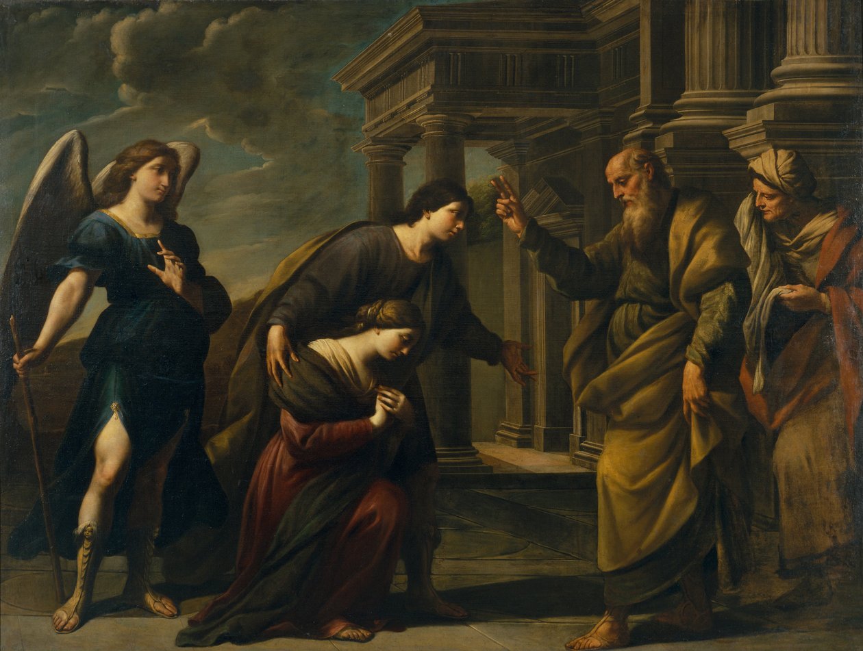 Raguels välsignelse av hennes dotter Sarah innan hon lämnade Ecbatana med Tobias, ca. 1640 av Andrea Vaccaro