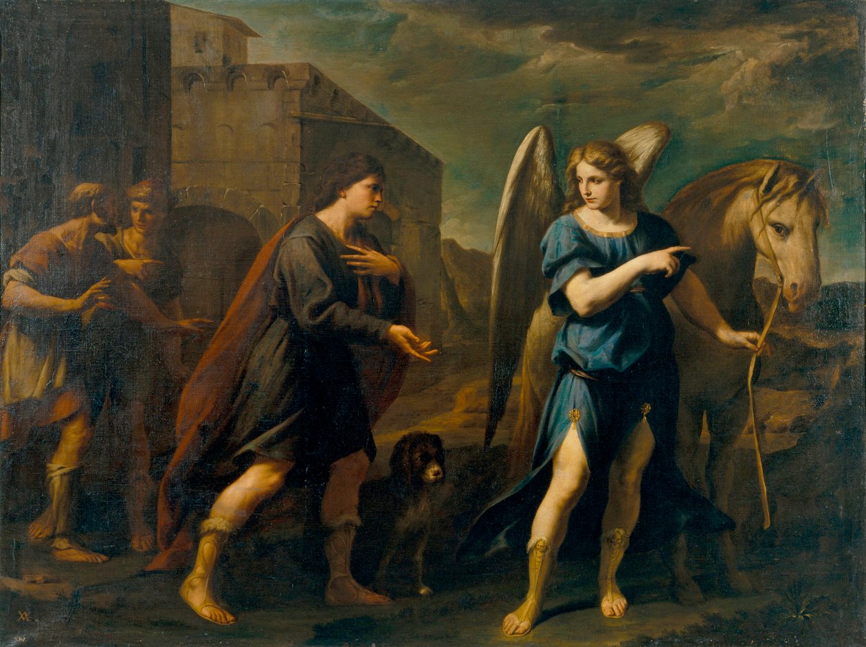 Tobias Meets the Archangel Raphael (Tobias Meets the Archangel Raphael) - Målning av Andrea Vaccaro (1604-1670), olja på duk (198,5x262 cm), ca 1640, italiensk konst från 1600-talet, barockkonst - Museu Nacional d