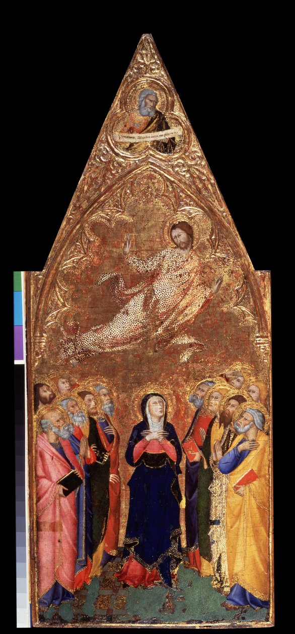 ""Kristi himmelsfärd"" Nedan Jungfru Maria och apostlarna observerar Jesus Kristus. Ovan, representation av profeten Jeremia. Tempera på trä av Andrea Vanni (1332-1414) 1355-1360 Mått 68x28 cm Eremitagemuseet, Sankt Petersburg (Saint-Petersbo) av Andrea Vanni