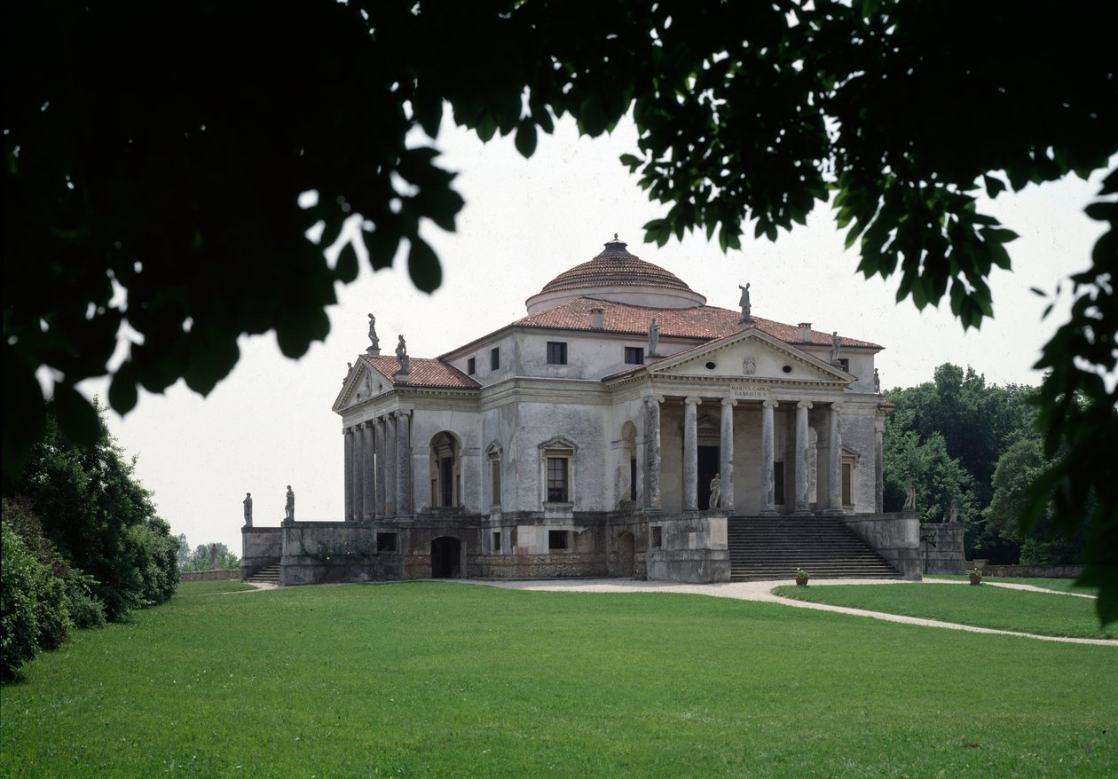 Utsikt över Villa Almerico-Capra, byggd av den italienska arkitekten Andrea Palladio (1508-1580) 1567-1570 och färdigställd av Vincenzo Scamozzi (1552-1616) 1591, Vicenza, Italien eller Rondellen av Andrea Pa av Andrea and Scamozzi Vincenzo Palladio