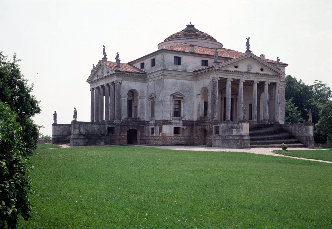 Utsikt över Villa Almerico-Capra, byggd av den italienska arkitekten Andrea Palladio (1508-1580) 1567-1570 och färdigställd av Vincenzo Scamozzi (1552-1616) 1591, Vicenza, Italien eller Rondellen av Andrea Pa av Andrea and Scamozzi Vincenzo Palladio