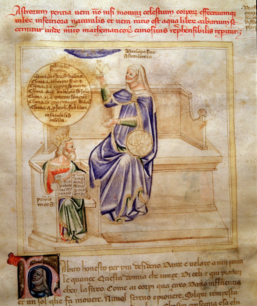 Allegorier av astrologi eller astronomi i "" Song of the Seven Vertus and the Seven Liberal Arts avsedd för Bruzio Visconti "(Sången om dygder och vetenskaper) av Bartolomeo di Bartoli. Akvarell av Andrea di Bartoli (aktiv mellan 1358 och av Andrea de Bartoli