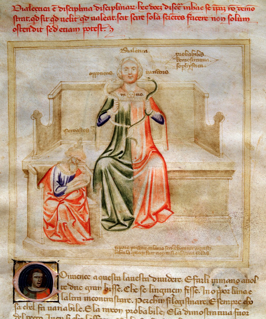 Allegorier av dialektiken i "" Chansonne des sept Vertus et des sept Arts liberales destinated to Bruzio Visconti "(Sången om dygder och vetenskaper) av Bartolomeo di Bartoli. Akvarell av Andrea di Bartoli (aktiv mellan 1358 och 1368) (ms. 599, fo av Andrea de Bartoli