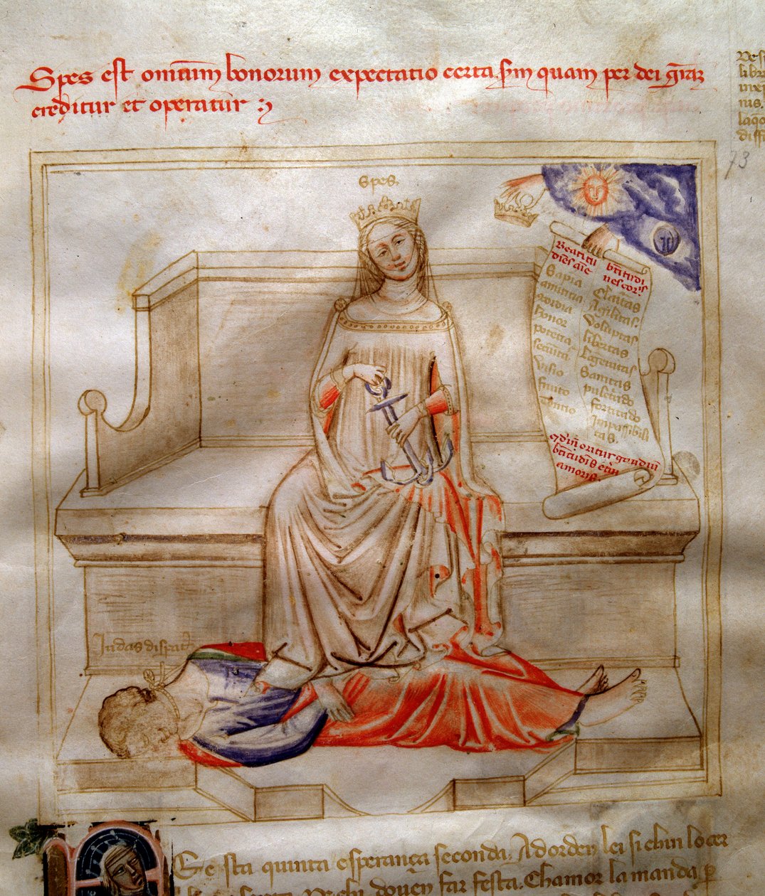 Allegorier om tron ​​i "" Chansonne des sept virtues et des sept arts liberoux destinee a Bruzio Visconti "(Sången om dygder och vetenskaper) av Bartolomeo di Bartoli. Akvarell av Andrea di Bartoli (aktiv mellan 1358 och 1368) (ms. 599, fol. 5 av Andrea de Bartoli