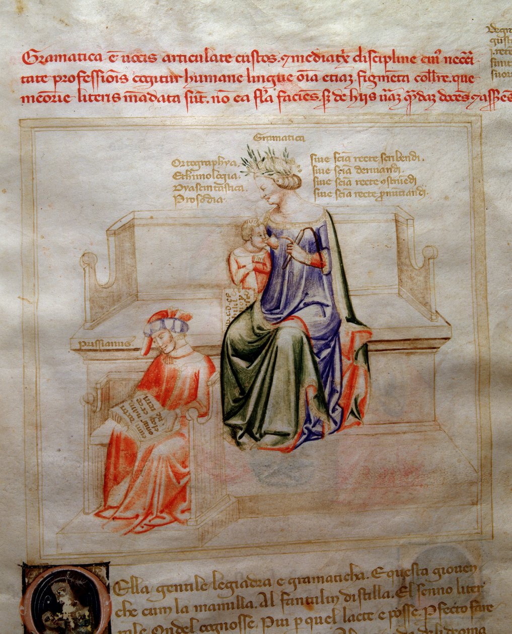 Allegorier av Grammaire i "" Chansonne des sept Vertus et des sept Arts liberales destinated to Bruzio Visconti "(Sången om dygder och vetenskaper) av Bartolomeo di Bartoli. Akvarell av Andrea di Bartoli (aktiv mellan 1358 och 1368) (ms. 599, fo av Andrea de Bartoli