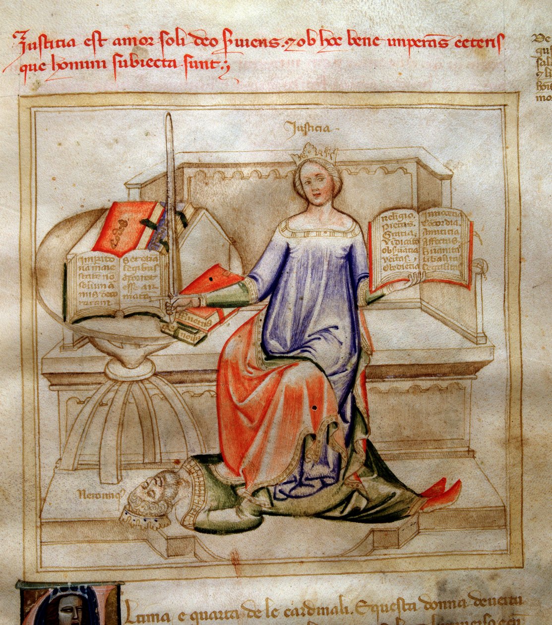 Allegorier of Justice i "" Chansonne des sept Vertus et des sept Arts liberales destinated to Bruzio Visconti "" (Sången om dygderna och vetenskaperna) av Bartolomeo di Bartoli. Akvarell av Andrea di Bartoli (aktiv mellan 1358 och 1368) (ms. 599, fol. av Andrea de Bartoli