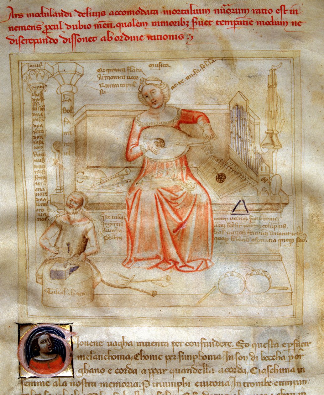 Allegorier av musiken i "" Chansonne des sept Vertus et des sept Arts liberales destinee à Bruzio Visconti "(Sången om dygder och vetenskaper) av Bartolomeo di Bartoli. Akvarell av Andrea di Bartoli (aktiv mellan 1358 och 1368) (ms. 599, fol. av Andrea de Bartoli