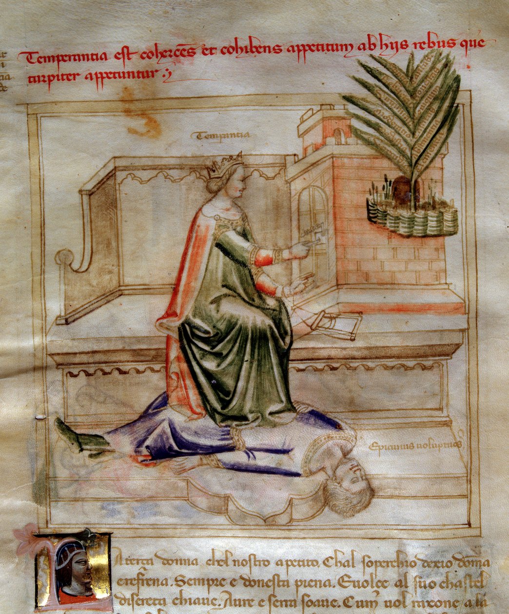 Allegorier of Temperance i "" Chansonne des sept virtues et des sept arts liberoux destinee a Bruzio Visconti "(Sången om dygderna och vetenskaperna) av Bartolomeo di Bartoli. Akvarell av Andrea di Bartoli (aktiv mellan 1358 och 1368) (ms. 599, f av Andrea de Bartoli