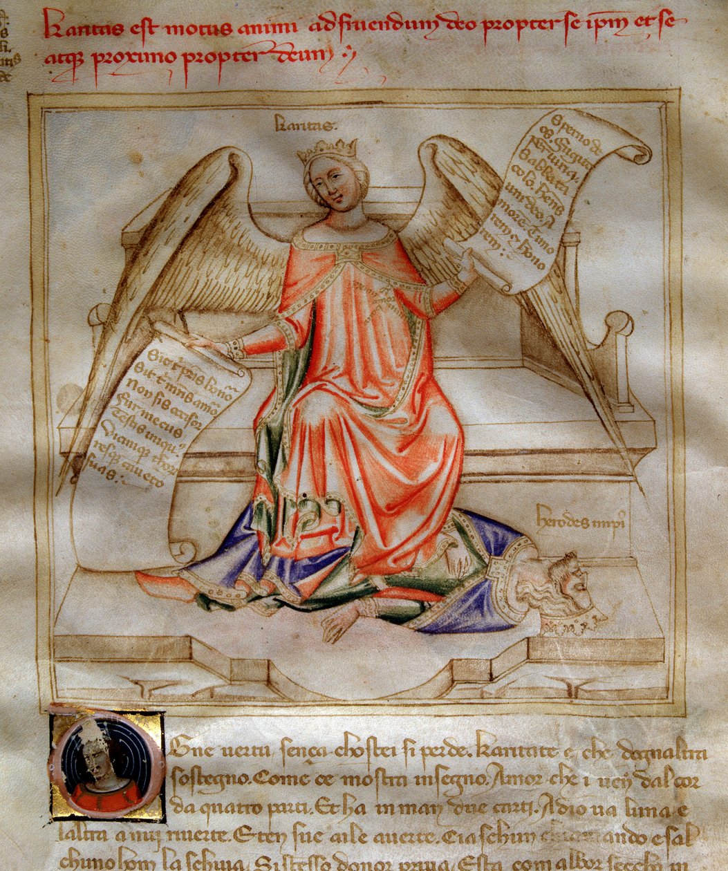 Allegory of Charity ailee som trampar Herode I den store för fötterna i "" Song of the Seven Vertus and the Seven Liberals Arts destinee for Bruzio Visconti "(Sången om dygder och vetenskaper) av Bartolomeo di Bartoli. Akvarell av Andrea di Bartoli ( av Andrea de Bartoli