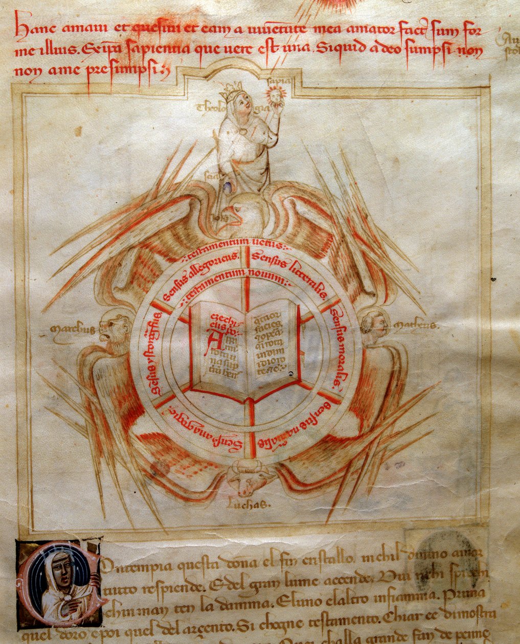Allegori om teologi som symboliseras av en öppen bok omger de fyra evangelisternas egenskaper i "" Song of the Seven Viruses and the Seven Liberal Arts destinee for Bruzio Visconti" (La Canzone delle Virtu e delle Scienze) av Bartolomeo di Bartoli. Wa av Andrea de Bartoli