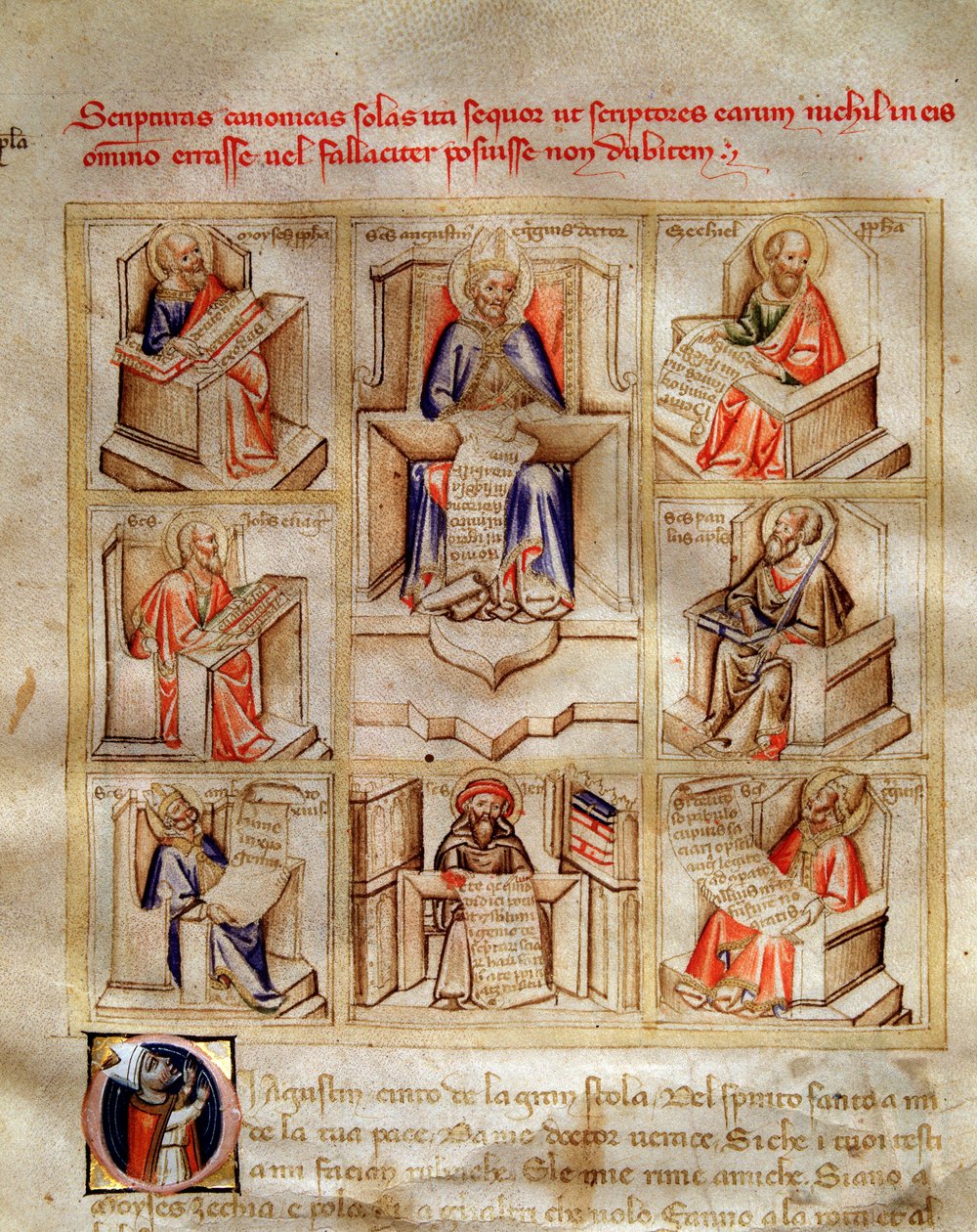 Representation av kyrkans läkare: Sankt Johannes, Sankt Ambrosius av Milano, Sankt Hieronymus, Sankt Gregoire den store och Sankt Paulus i "" Song of the Seven Vertus and the Seven Liberals Arts destinee for Bruzio Visconti"" (La Canzone delle) Virtu och d av Andrea de Bartoli