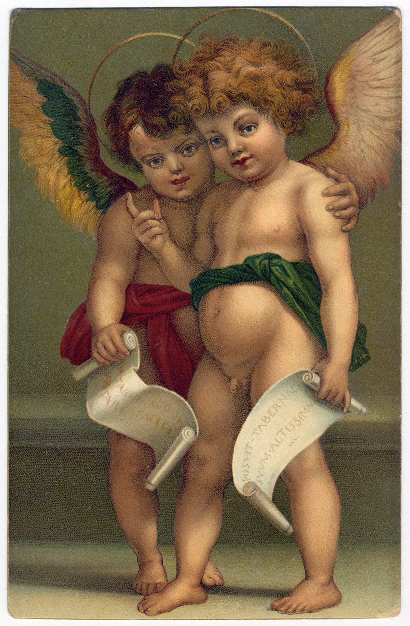 Två änglar. Fromma bild efter målaren ANDREA DEL SARTO (1486-1530), Dresden, ca 1910 (kromolitografi) av Andrea del (after) Sarto