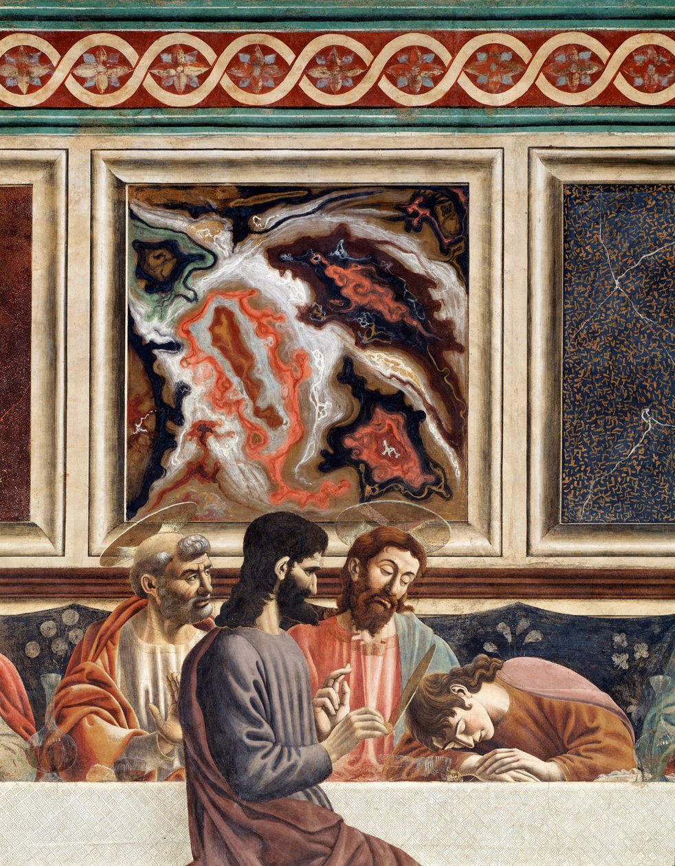 Sista måltiden, detalj av Petrus, Jesus och Johannes som sover, med Judas (fresk av Andrea del Castagno
