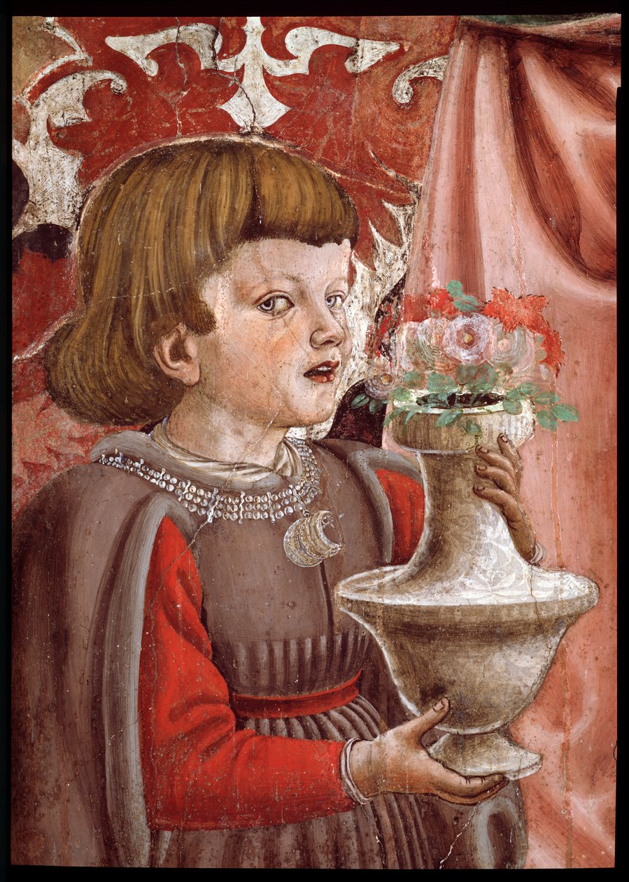 Jungfru och barn med två änglar, Johannes Döparen och ett annat helgon, och två barn i familjen Pazzi. Detalj som representerar en av Pazzi-sönerna (Jungfru med barn med den helige Johannes Döparen och ett annat helgon, två änglar och två barn till Paz av Andrea del Castagno