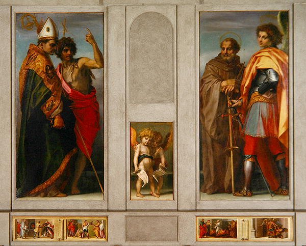 Altartavla med De fyra heliga: Ärkeängeln, Mikael, John Gualberto, Bernard och Johannes Döparen, 1528 av Andrea del Sarto