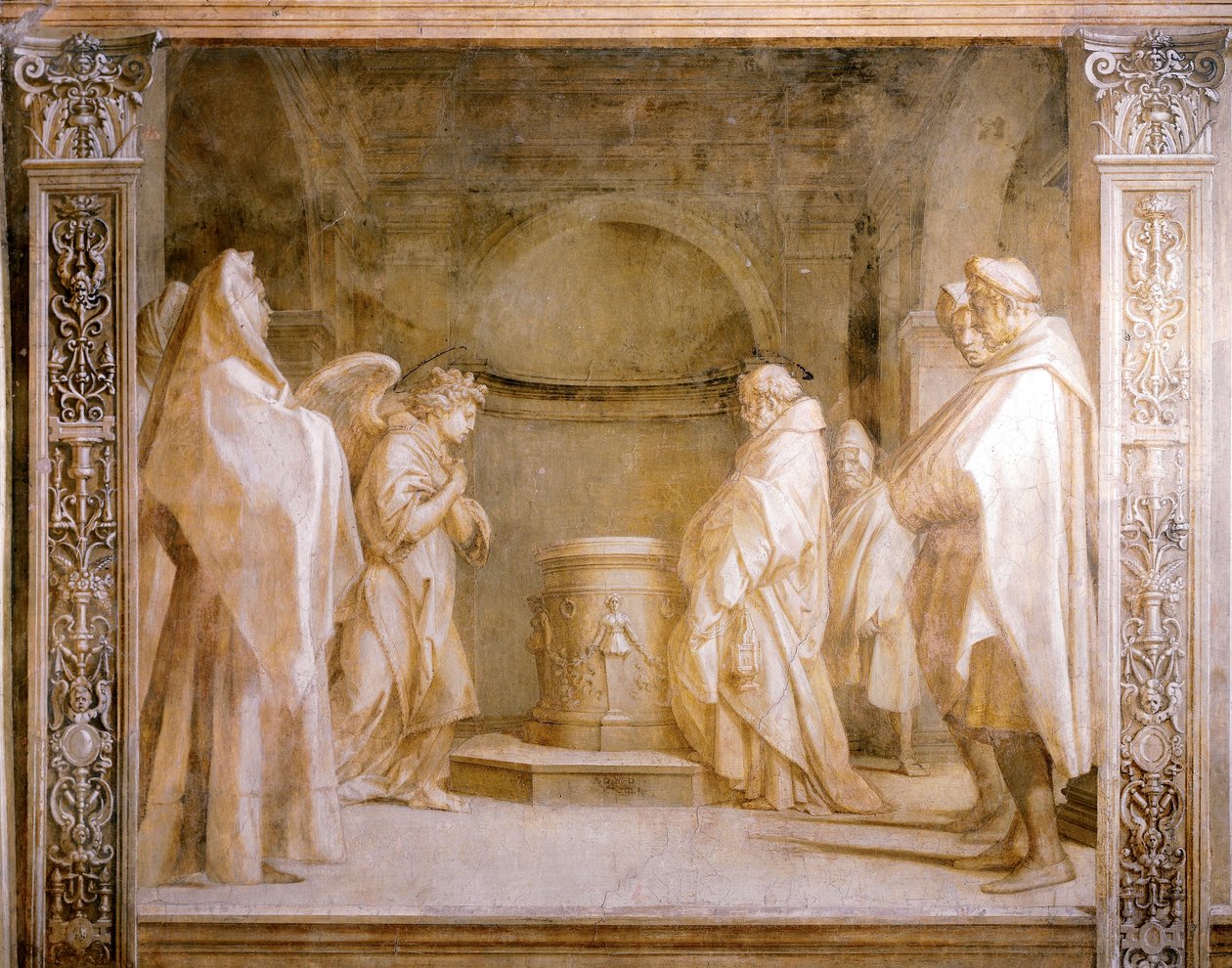 Ängel som tillkännager barnets födelse till Zacharias, detalj från Stories of Virgin av Andrea del Sarto (1486-1530), fresk i svartvitt, Cloister of Scalzo, Florens av Andrea del Sarto