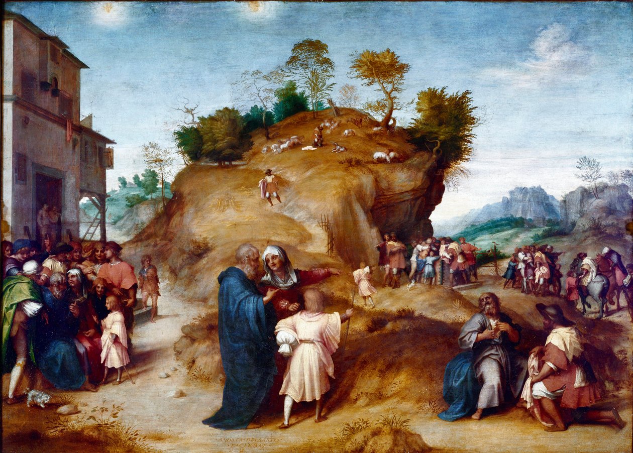 Historien om Josef, Jakobs son: "" Josef tolkar sin fars drömmar"" Målning på trä av Andrea del Sarto (1486-1530) 1515-1517 Dim. 98x135 cm Florens, Palazzo Pitti, Galleria Palatina av Andrea del Sarto