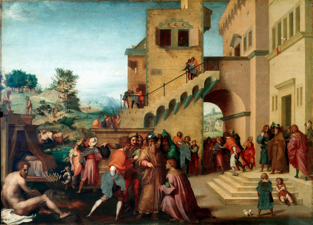 Historien om Josef, Jakobs son: "" Josef tolkar faraos drömmar"" Målning på trä av Andrea del Sarto (1486-1530) 1515-1517 Dim. 98x135 cm Florens, Palazzo Pitti, Galleria Palatina av Andrea del Sarto