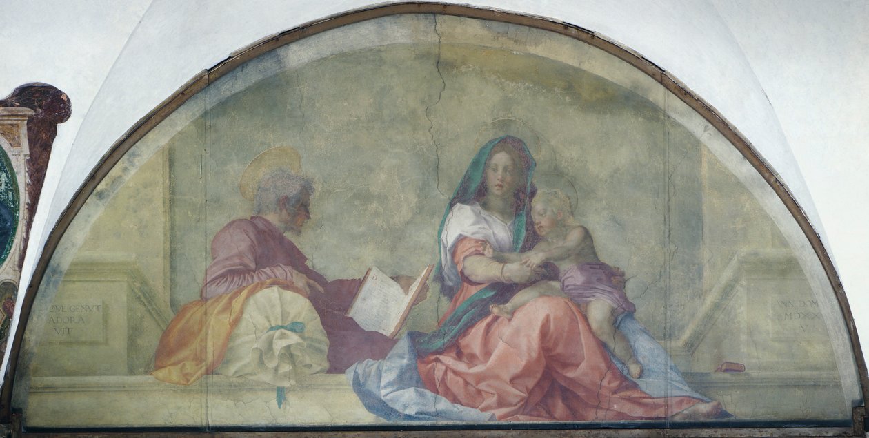 Lunett som visar Madonna del Sacco av Andrea del Sarto (1486-1530), fresk av Andrea del Sarto