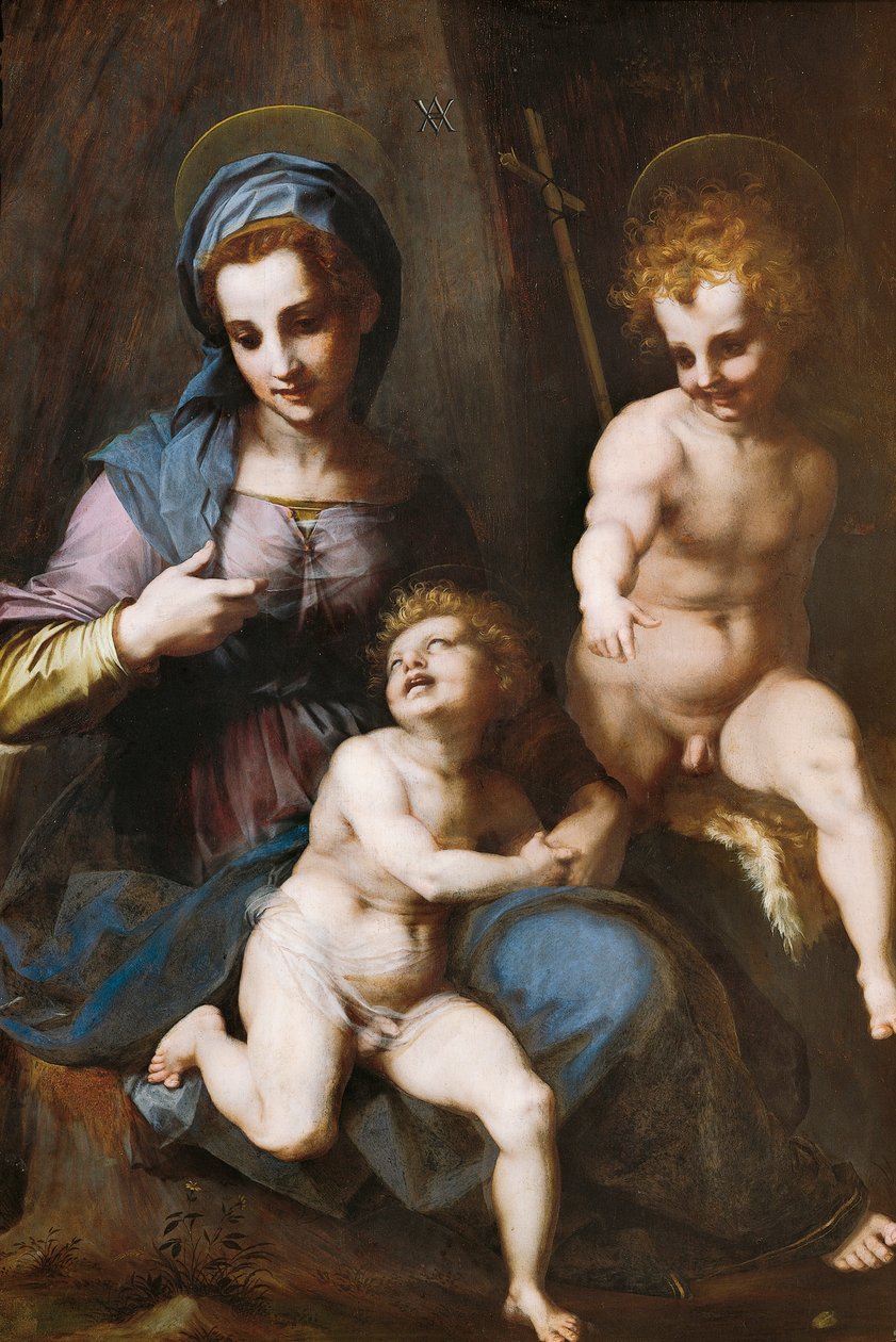 Madonna och barn med spädbarnet Johannes Döparen av Andrea del Sarto