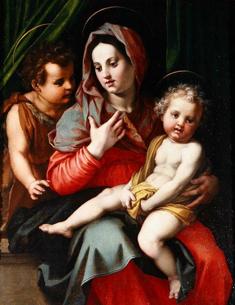 Madonna och barn med St. John (olja på panel) av Andrea del Sarto