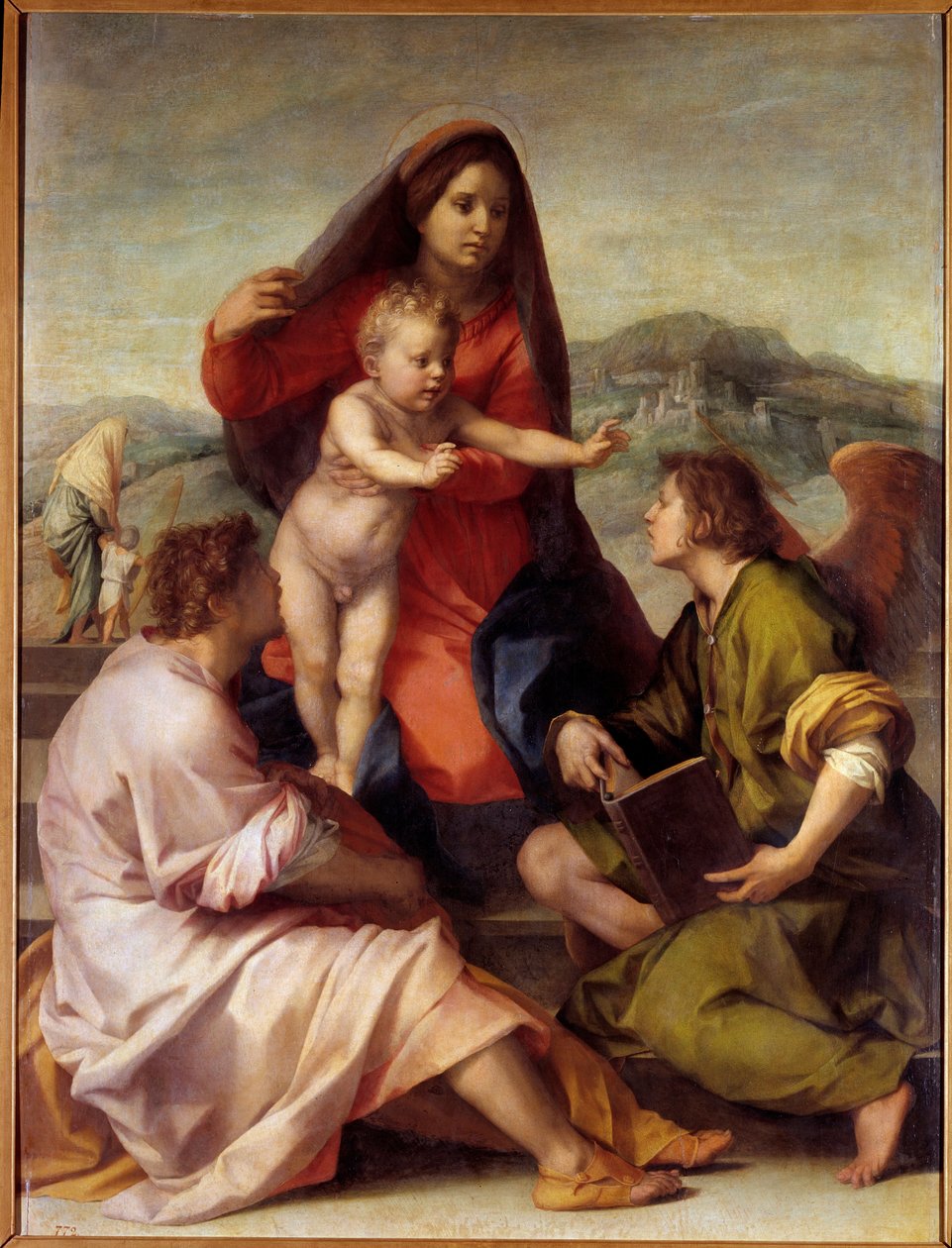 Madonna della Scala. Helig familj med en ängel. Målning av Andrea del Sarto (1486-1531) 1522-1523 Sön. 1,77x1,35 m Madrid, Pradomuseet av Andrea del Sarto