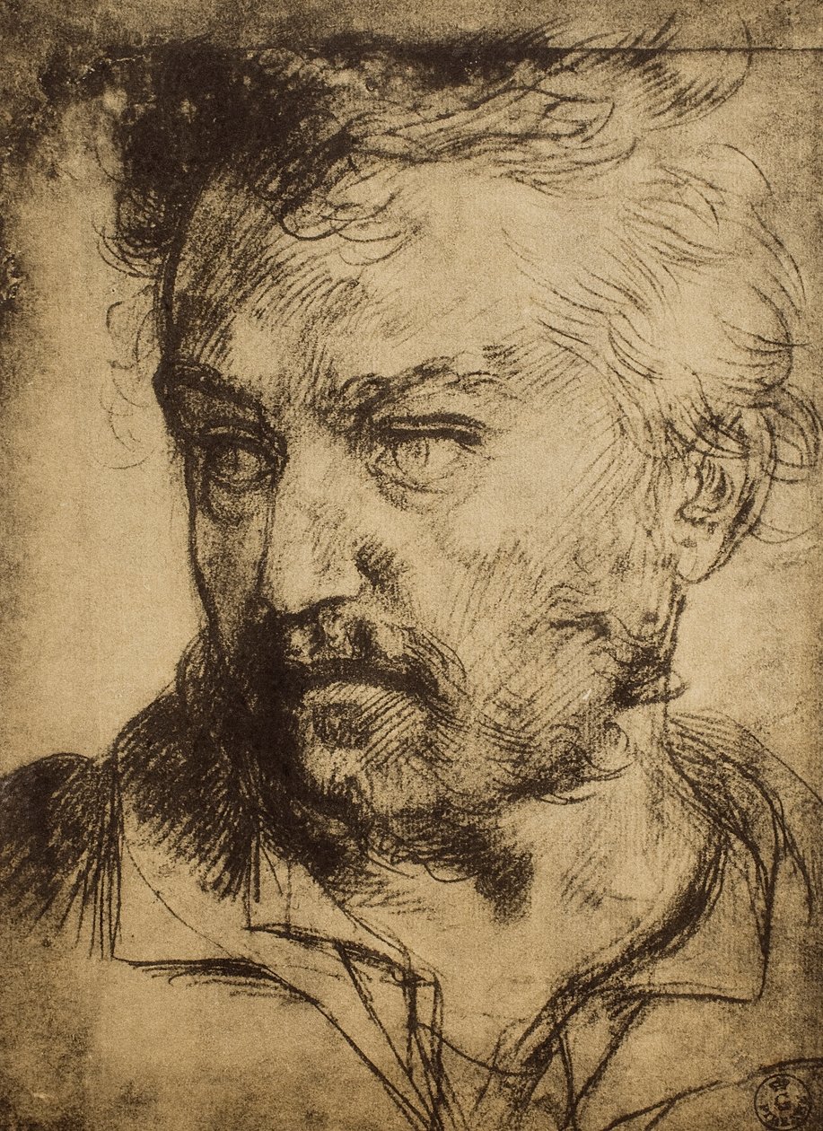 Mans huvud; teckning av Andrea del Sarto. Cabinet of Drawings and Prints, Uffizi Gallery, Florens av Andrea del Sarto