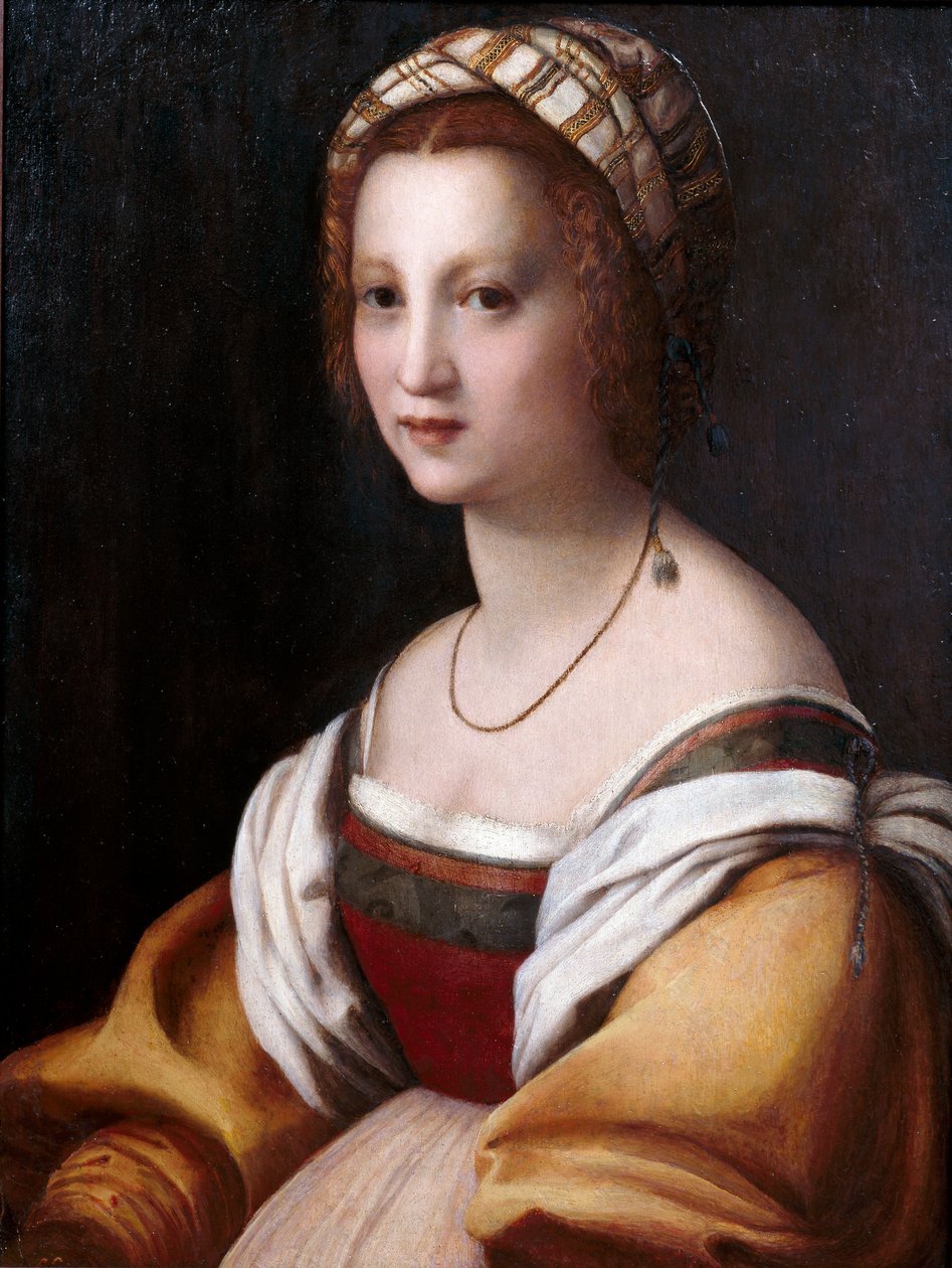 ""Porträtt av en kvinna"" (Porträtt av en kvinna) Målning av Andrea del Sarto (1486-1531) ca 1514 Dim 73x56 cm Museo del Prado, Madrid av Andrea del Sarto