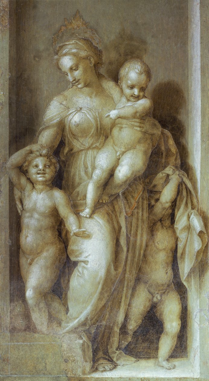 Representation av välgörenhet, detalj från Stories of St John av Andrea del Sarto (1486-1530), fresk i monokrom Cloister of Scalzo, Florens av Andrea del Sarto