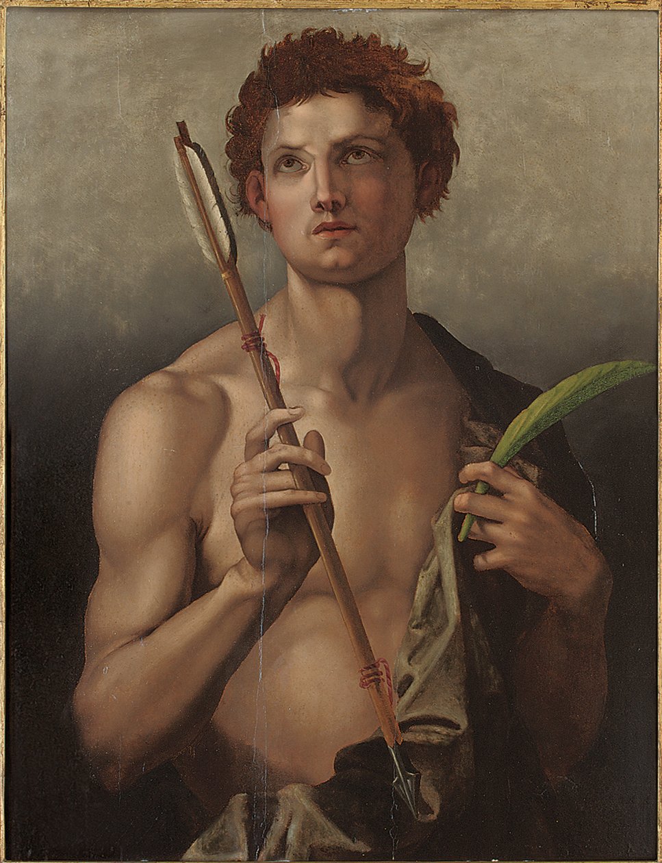 Den helige Sebastian med en pil i höger hand och martyrens handflata i vänster av Andrea del Sarto