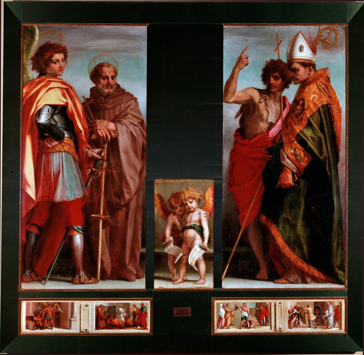 Saints Michael, John Gualbert, John the Baptist, Bernardo degli Uberti Predelle av de fyra heliga. Målning av Andrea del Sarto (Andrea d