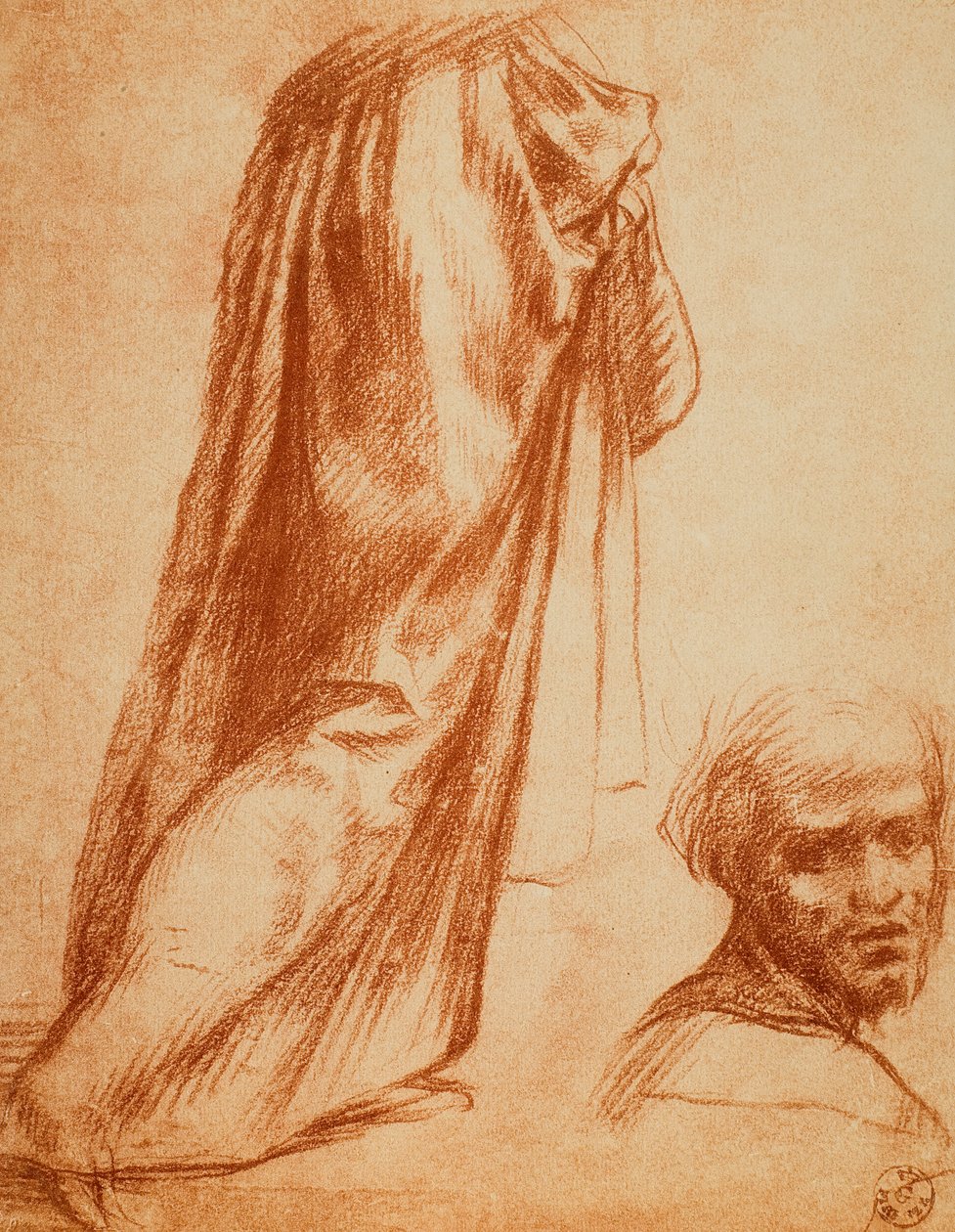 Studie av draperi och mansporträtt; teckning av Andrea del Sarto. Cabinet of Drawings and Prints, Uffizi Gallery, Florens av Andrea del Sarto