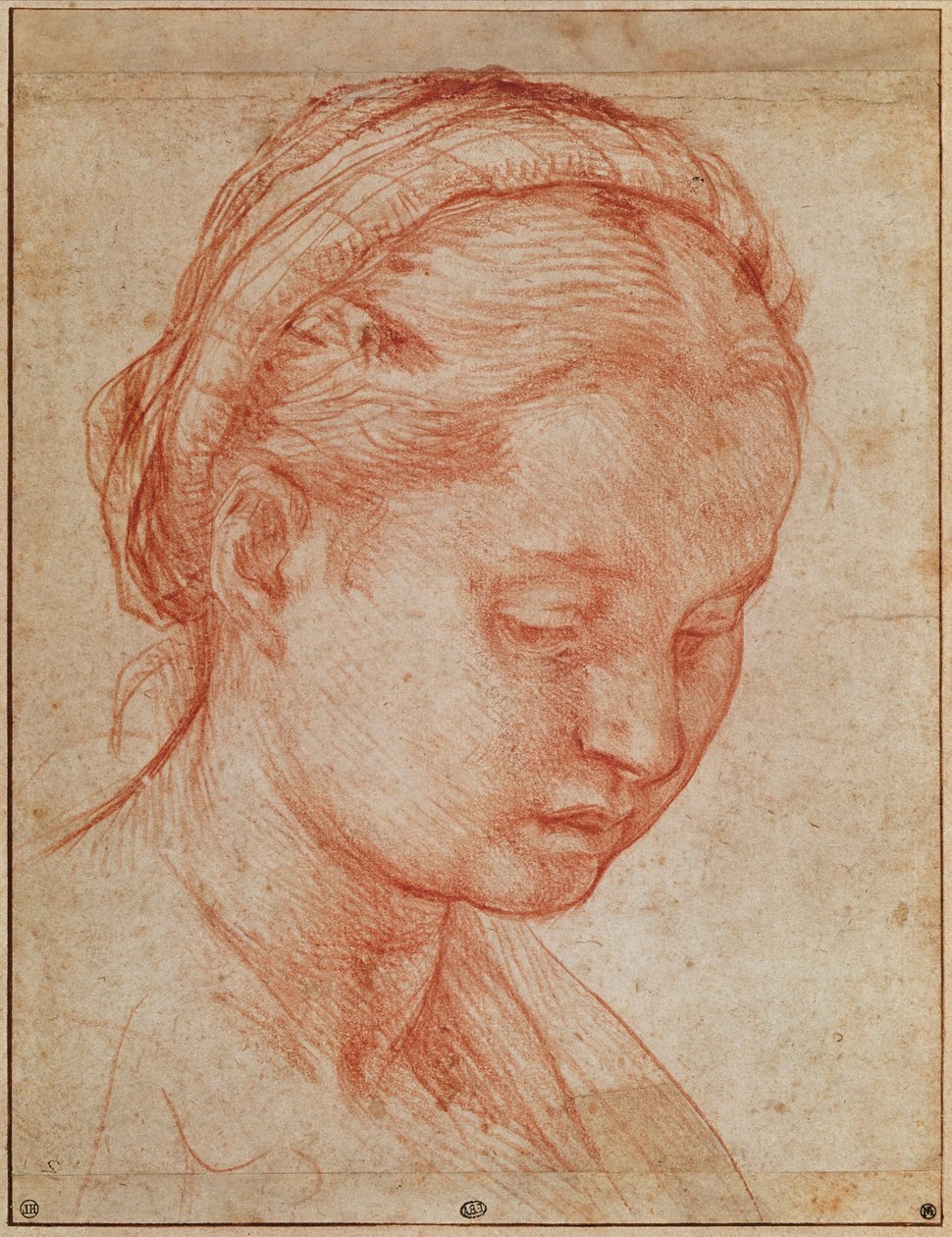 Studie av huvudet av St. Katarina för avsättningen med Jungfru Maria och helgon vid Pitti-palatset, 1523-24 (röd krita på papper) (se 379730) av Andrea del Sarto