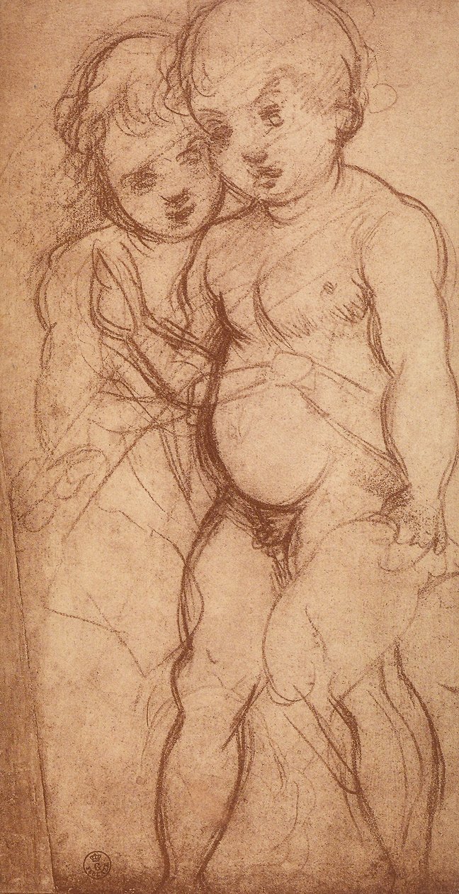 Studie av två keruber; teckning av Andrea del Sarto. Cabinet of Drawings and Prints, Uffizi Gallery, Florens av Andrea del Sarto