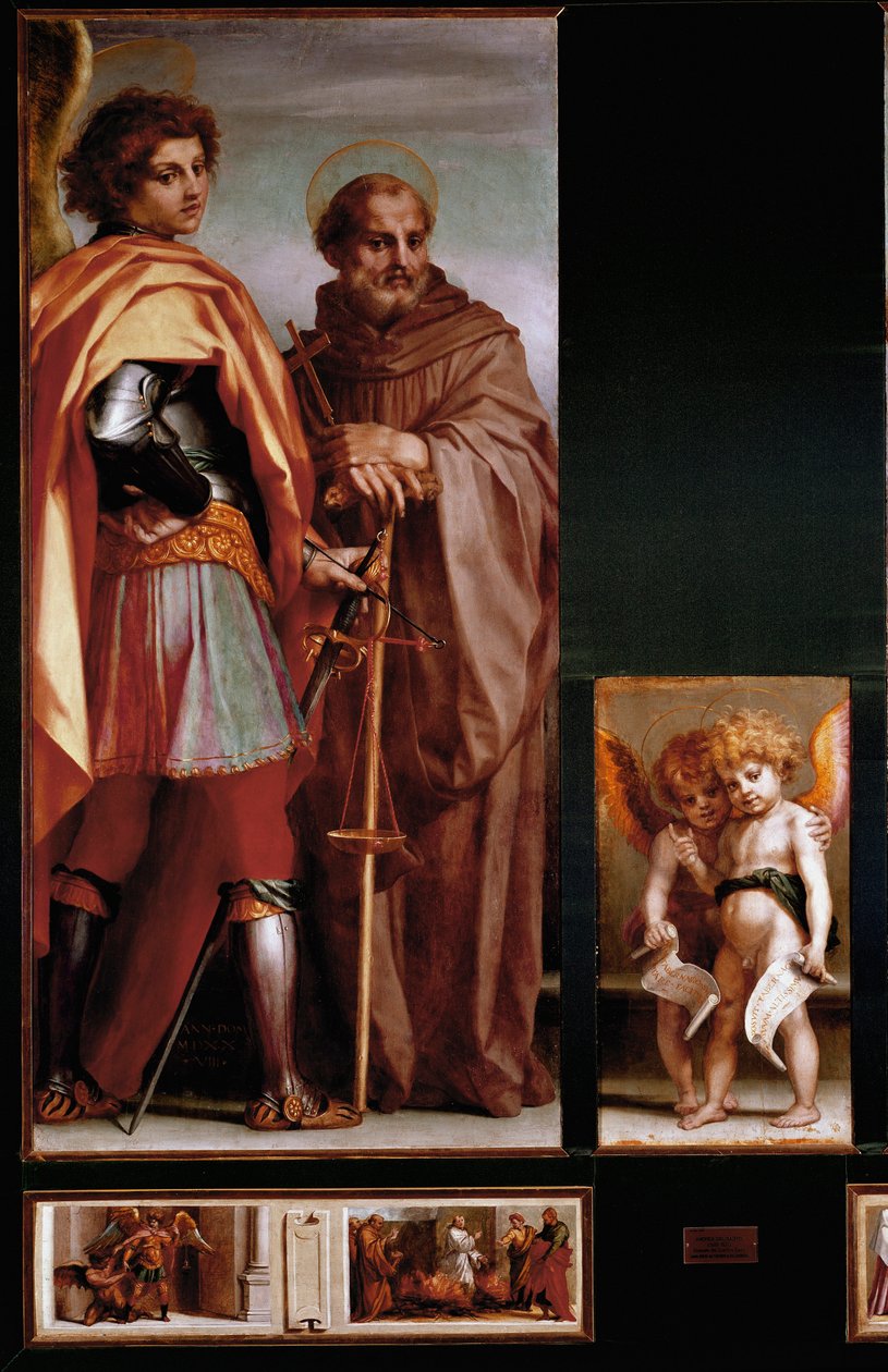 Vallombrosa altartavla: St Michael och Giovanni Gualberto, sidopaneler. (olja på panelen av Andrea del Sarto