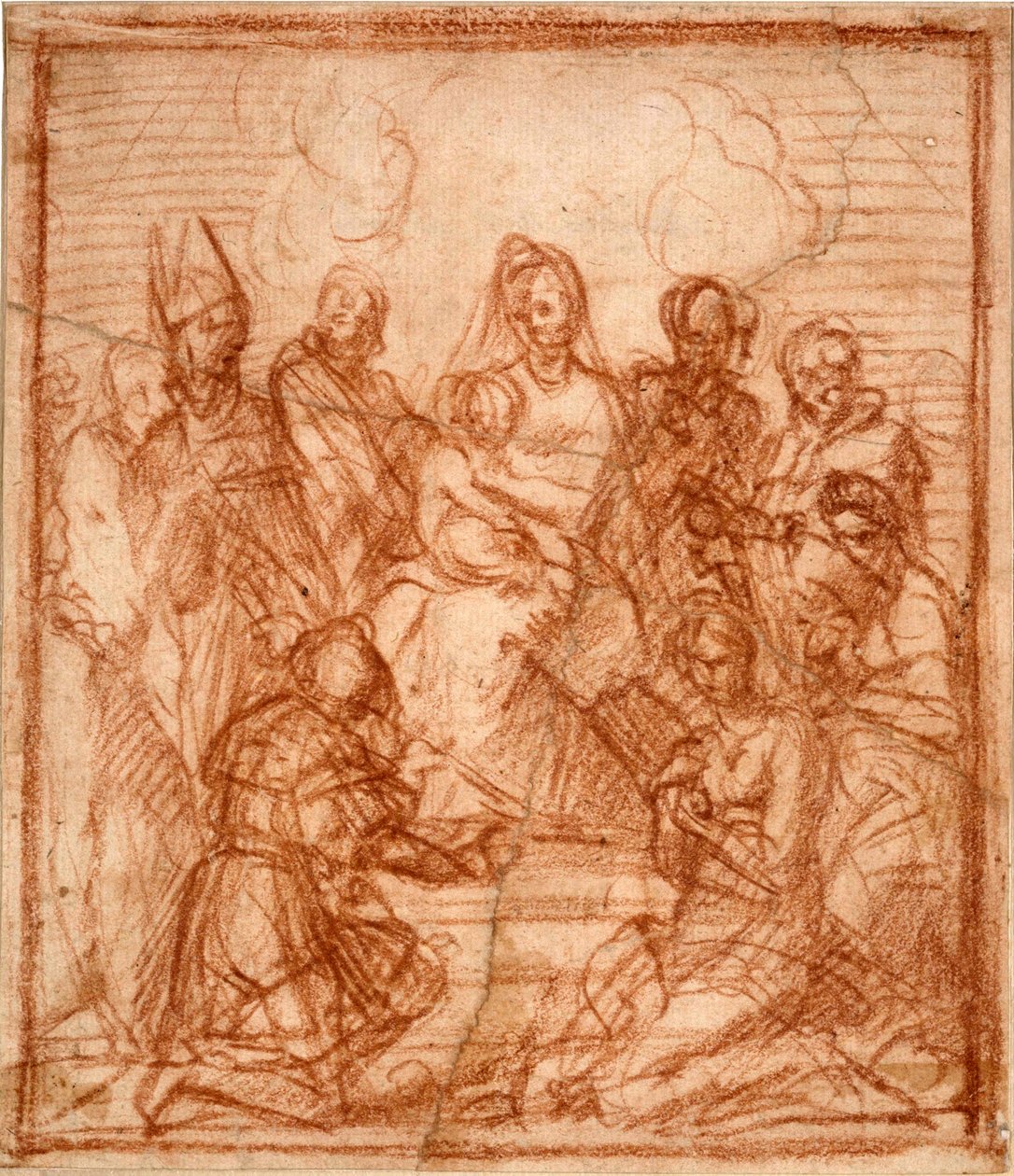 "Madonna and Child on the Throne with Eight Saints" (Enthroned Madonna with Child and eight saints (Composition study)) Sanguinteckning av Andrea del Sarto (1486-1531) 1528 Sanguine på papper Dim 15,6x13,5 cm Staatliche Museen, Berlin av Andrea del Sarto
