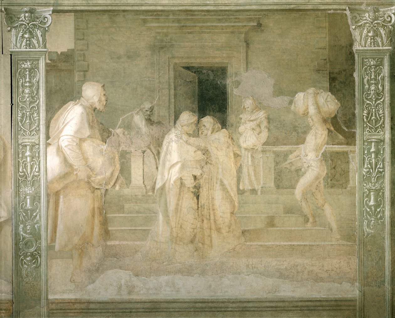 Besök av Jungfru till Elizabeth, detalj från Stories of Virgin av Andrea del Sarto (1486-1530), fresk i svartvitt, Cloister of Scalzo, Florens av Andrea del Sarto