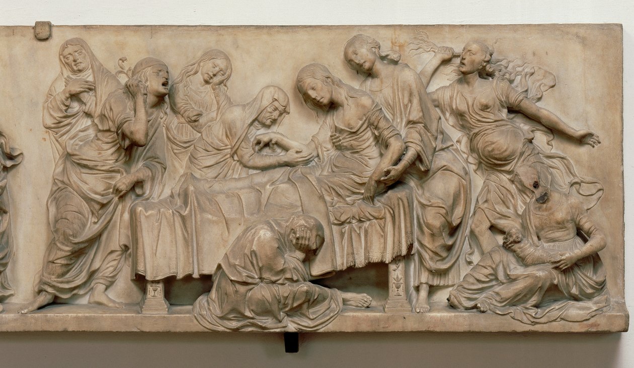 Relief som visar Francesca Tornabuonis död av Andrea del Verrocchio