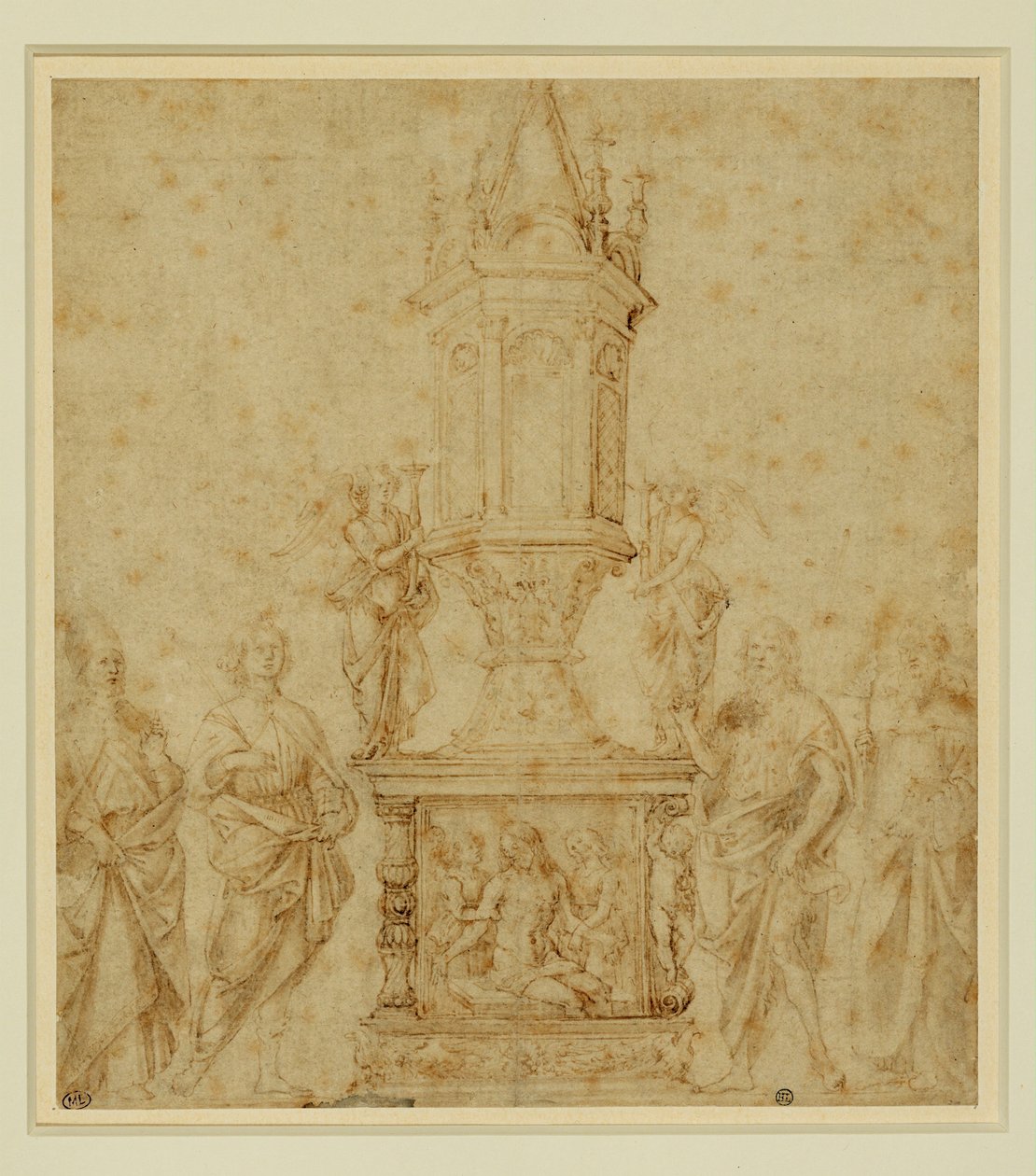 Verrocchios skola. Relikvarium mellan en helgonförklarad ... av Andrea del Verrocchio