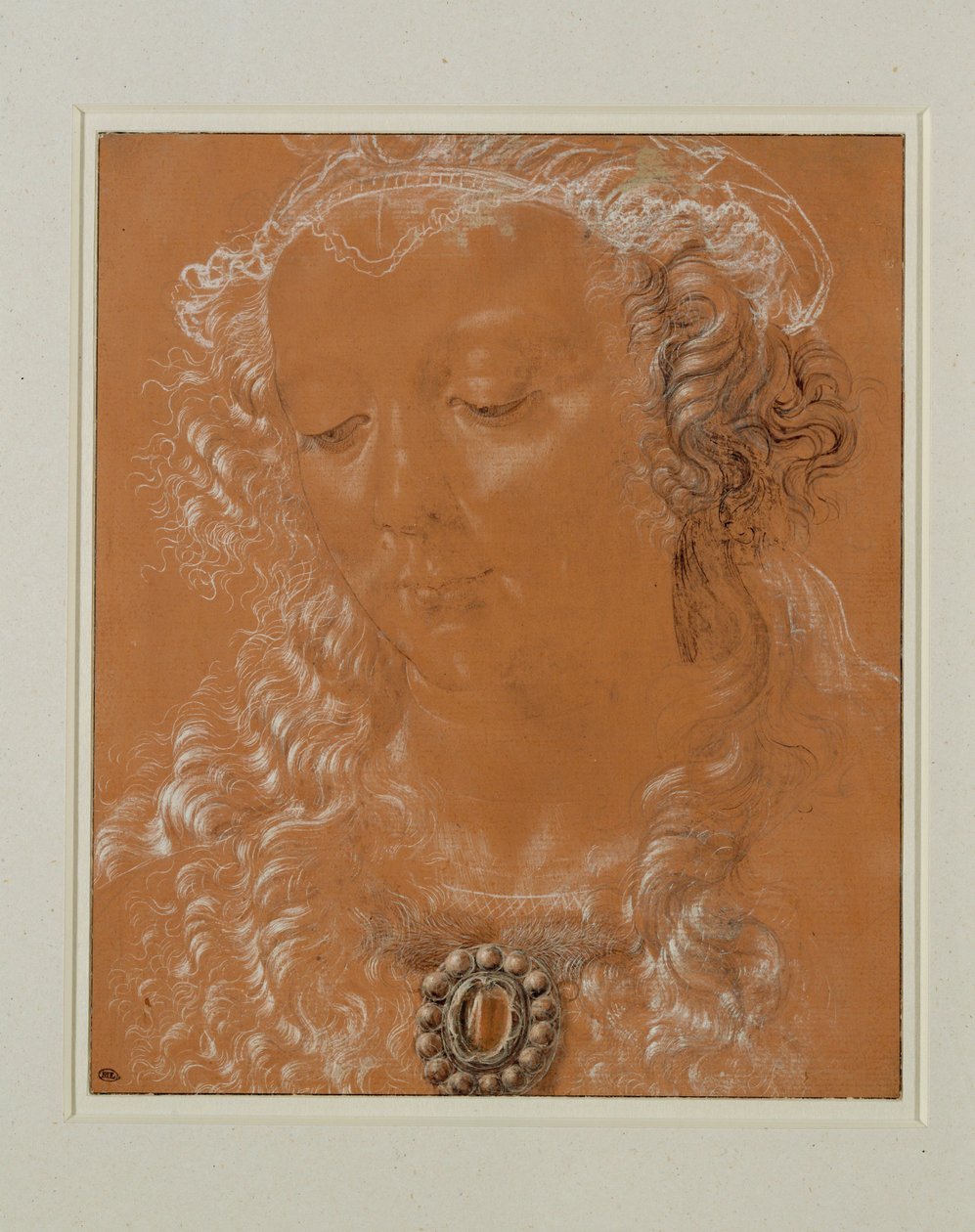 Kvinnohuvud med nedslagna ögon, något vridet åt vänster ... av Andrea del Verrocchio
